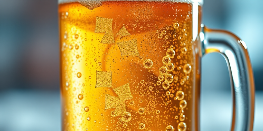 generate a hyper-realistic image of a frosty glass mug of light beer filled to the brim with bubbles, captured with a Canon EOS R5 at f/2.8, ISO 100, 1/200 sec, using a macro lens from a slightly tilted angle to emphasize the texture and clarity of the beer and glass.