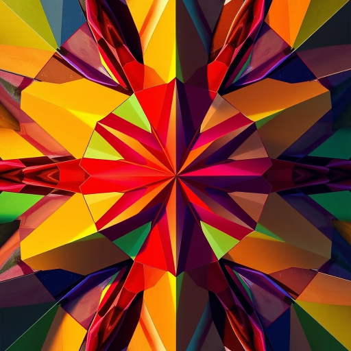 Generate a high-resolution image of an abstract geometric pattern with vibrant colors and sharp edges, using a Canon EOS R5 camera with a 50mm lens, aperture set to f/1.8, ISO 100, shot from a top-down view in natural lighting to enhance color vibrancy and detail.
