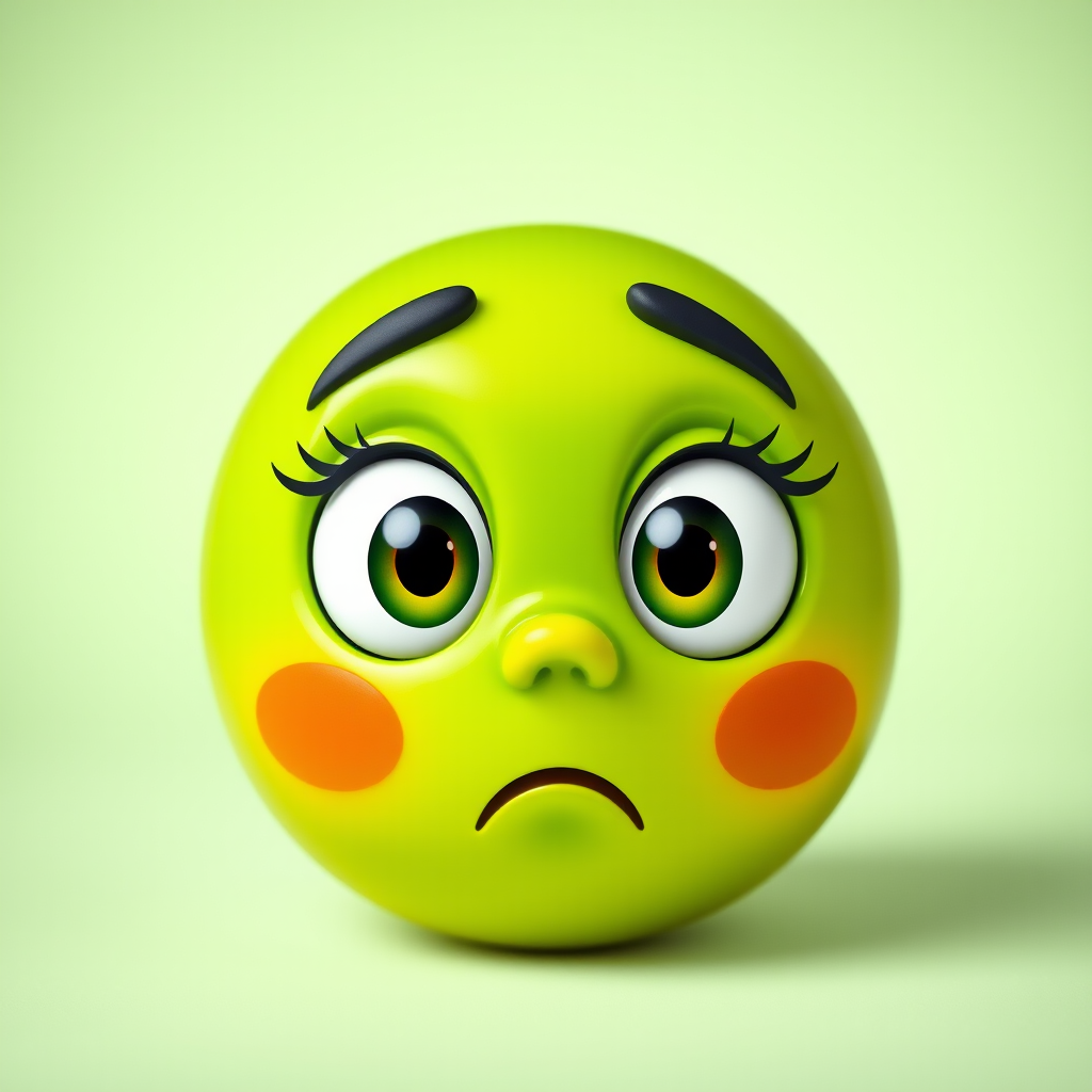 Create a vibrant green surprised emoji with large expressive eyes on a soft gradient background, shot with a DSLR camera at f/2.8, 50mm lens, in macro style for enhanced detail and clarity, using natural soft lighting.