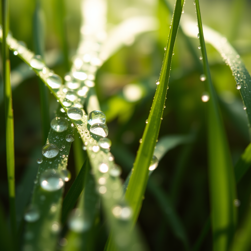 Close-up shot of dew-covered grass blades in soft morning light, f-stop: 2.8, ISO: 100, shutter speed: 1/200, taken with a DSLR camera, using a macro lens, in a shallow depth of field to enhance the vibrant green colors and textures.