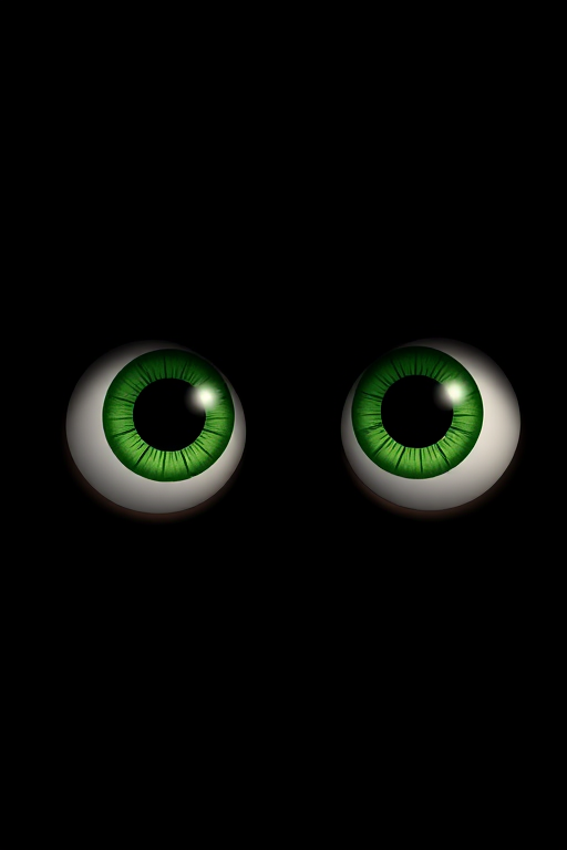 Create a high-resolution image of large, cartoonish green eyes set against a black background, using a DSLR camera with a focal length of 50mm, aperture set to f/2.8, and a slight bokeh effect for depth.