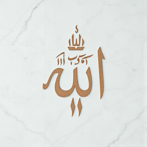 Create a highly detailed image of intricate calligraphy representing the word "Allah" in an elegant marble texture, using a DSLR camera with a 50mm lens, aperture set to f/1.8, ISO 100, natural lighting, shot from a top-down view, focusing on the texture and color of the marble.