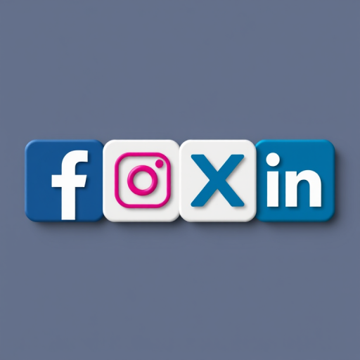 Create a high-resolution vector image of four social media logos (Facebook, Instagram, X, LinkedIn) arranged in a straight line with a minimalist design, front view, 50mm lens, f/2.8 aperture, ISO 100, bright lighting for clarity and sharpness.