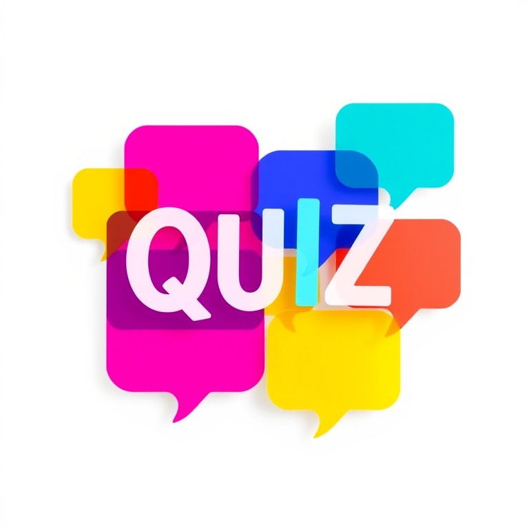 Create a colorful graphic of chat bubbles with the word "QUIZ" in various bright colors, use a clean white background, capture with a DSLR camera at f/8 aperture, 1/250 shutter speed, ISO 100, and a 50mm lens for sharp focus and vibrant colors.