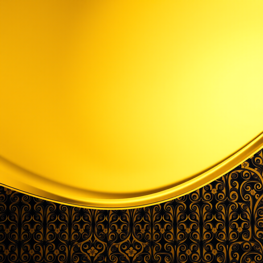 Create a high-resolution image of a luxurious gold background with a flowing golden curve and an intricate black pattern underneath, captured with a DSLR camera at f/2.8 aperture, ISO 100, 50mm lens, soft focus style, top-down view.