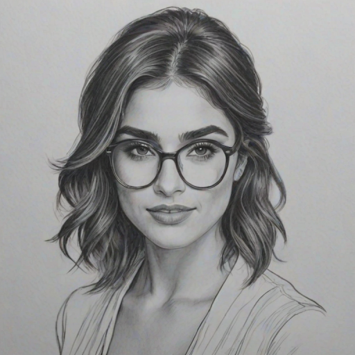 Radiant Nikki Reed, pencil sketch, portrait of Stunning woman 1959s in glasses, hair style beatnik, outline, clear lines, fine lines, 8k