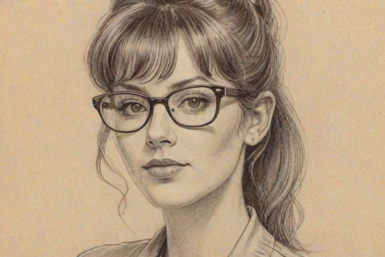 Charming Cristina Ricci, pencil sketch, portrait of Wonderful woman 1978s in glasses, hair style beatnik, outline, clear lines, fine lines, 8k