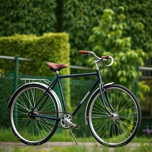 regenerate an image of a vintage bicycle parked against a lush green background with a shallow depth of field, aperture f/2.8, ISO 100, 50mm lens, natural lighting, DSLR camera, high-resolution detail