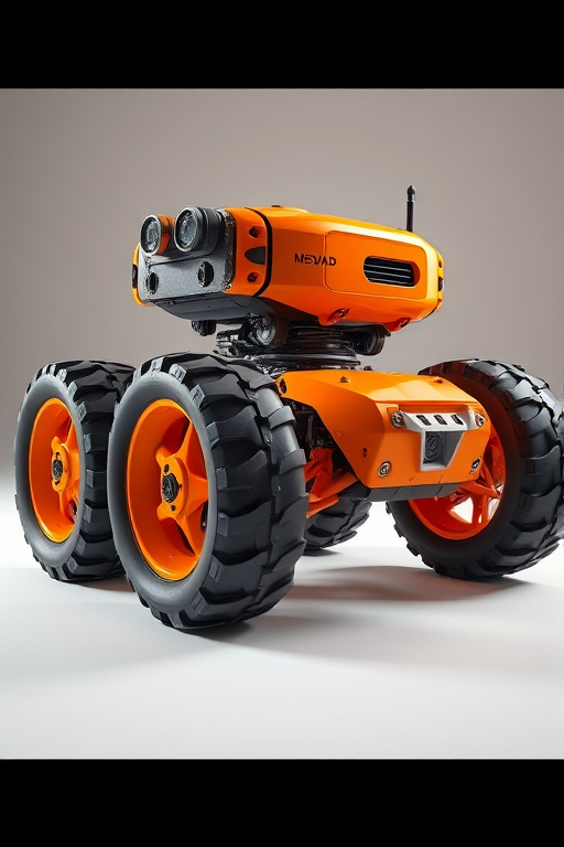 highly detailed 3D render of an orange robotic vehicle with large wheels, studio lighting, soft shadows, close-up view, camera type: DSLR, lens: 35mm, aperture: f/4, ISO: 100, shutter speed: 1/60s