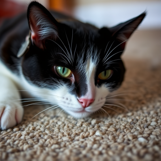 A close-up shot of a black and white cat lying on a textured carpet, soft natural lighting, f/2.8 aperture, 85mm lens, shallow depth of field, DSLR camera, capturing fine details and vibrant colors.