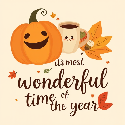Create a cozy autumn-themed illustration featuring a smiling pumpkin, a warm coffee cup, a colorful sweater, and a vibrant fall leaf with the text its the most wonderful time of the year in a playful font on a soft beige background.