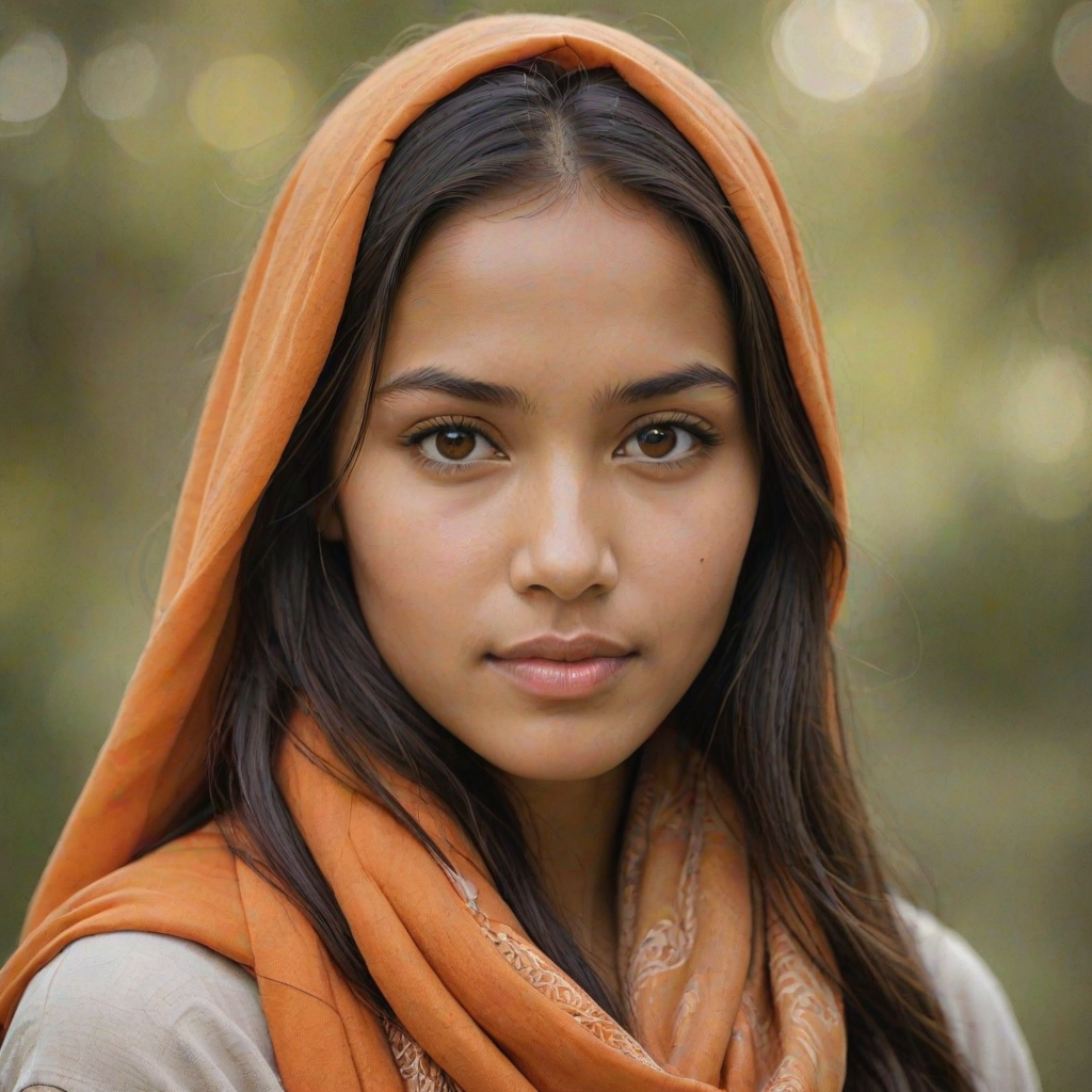 Create a portrait of a young Pacific Islander female with long, dark hair and captivating hazel eyes. She is wearing a orange headscarf and a matching scarf draped gracefully around her neck. The background is softly blurred, focusing attention on her serene and natural expression. The overall color palette is muted and warm, enhancing the intimate and authentic feel of the portrait.