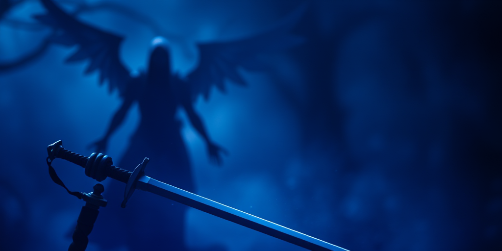Create a dramatic fantasy scene featuring a warrior with a sword and a mystical figure in the background, using a Canon EOS R5 with an 85mm f/1.4 lens, aperture set to f/2.8, ISO 100, shooting in low light with a moody blue and purple color palette, soft bokeh effect in the background.