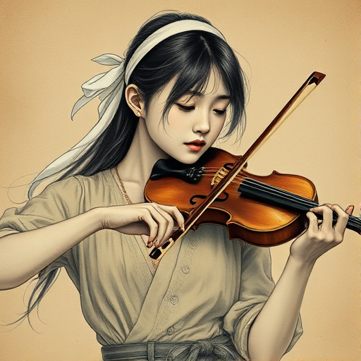 a young Japanese woman with a white headband playing a violin, in the style of a charcoal drawing, sepia grunge background
