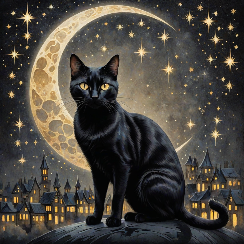 a stylized black cat with iridescent golden arabesques all over its body, on a grungy smoky black background with matching celestial designs, a full moon with silhouettes of lit houses, bright shooting stars, dazzling, magical BG, reminiscent of Christmas wonderland