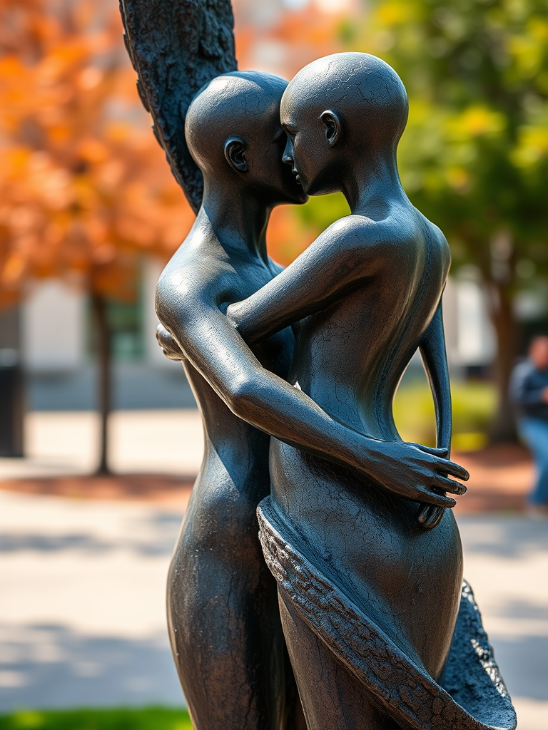close-up shot of an abstract sculpture featuring two figures intertwined, natural outdoor lighting, f-stop 5.6, shutter speed 1/125 sec, ISO 200, DSLR camera, macro lens, shallow depth of field