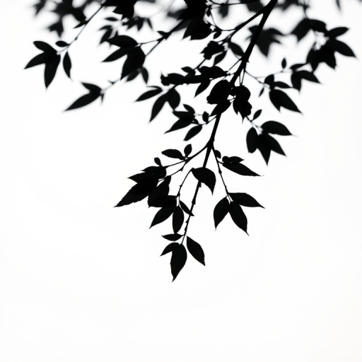 Create a high-resolution black silhouette of a tree branch with leaves against a white background, captured with a Canon EOS R5 at f/8, ISO 100, shutter speed 1/200s, using a macro lens in a soft natural light setting.