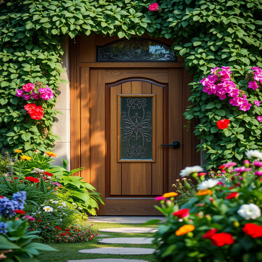 Create an enchanting scene of a wooden door surrounded by lush greenery and colorful flowers with intricate glasswork, using a DSLR camera, 50mm lens, aperture f/1.8, ISO 100, natural lighting, soft focus effect.