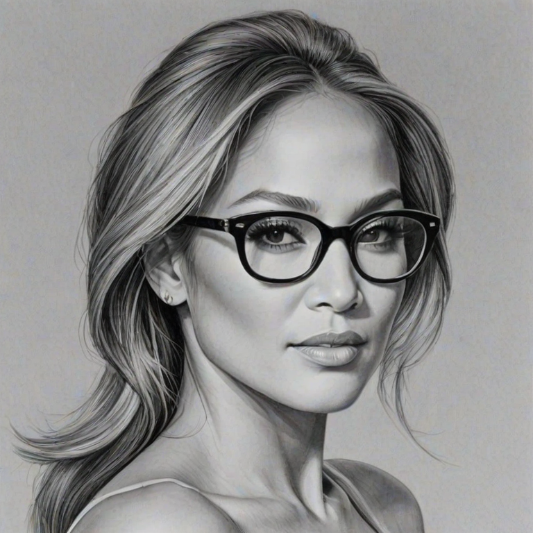 Resplendent Jennifer Lopez, pencil sketch, portrait of Captivating woman 1965s in glasses, hair style beatnik, outline, clear lines, fine lines, 8k