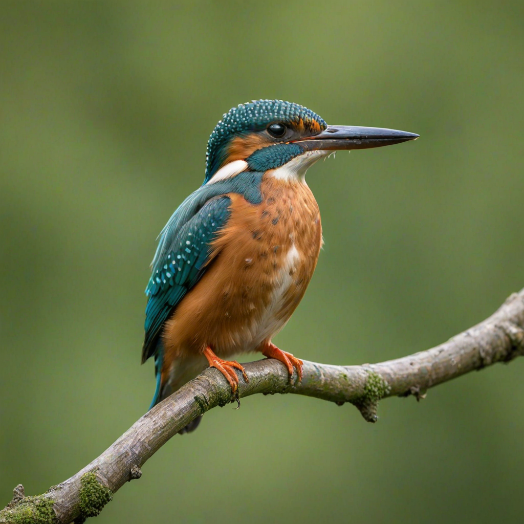 A vibrant kingfisher perched on a branch with a blurred green background, captured with a Canon EOS R5, 85mm lens, aperture f/2.8, ISO 200, shutter speed 1/250s, in soft focus style for enhanced detail and clarity.