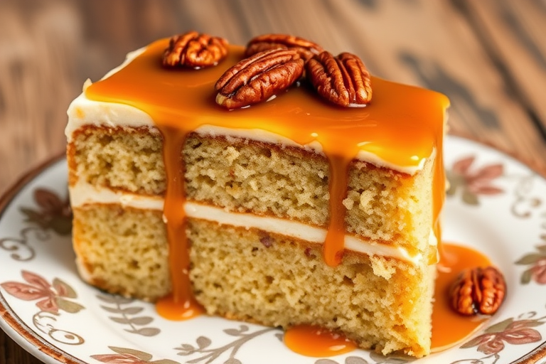 A slice of moist cake layered with creamy frosting, topped with caramel sauce and garnished with pecans, set on a decorative plate with a rustic background.