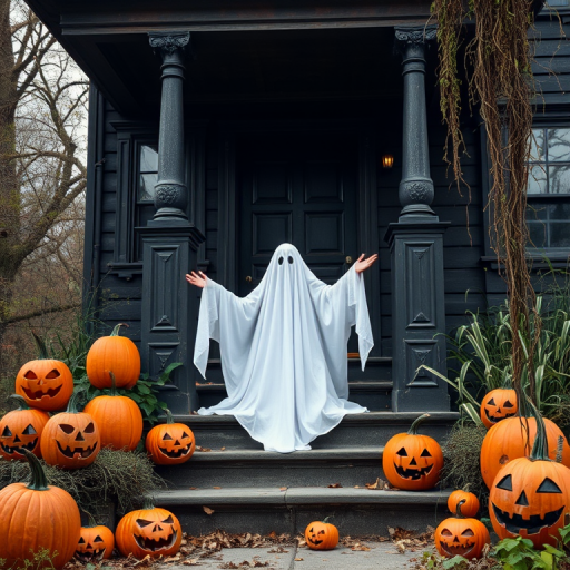 A ghost in a white sheet sitting on the steps of a dark old house surrounded by carved pumpkins with spooky faces and overgrown plants in a Halloween setting