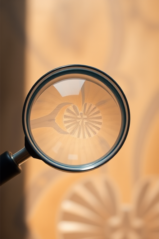 Create a high-resolution image of a magnifying glass with a clear focus on its lens, using a DSLR camera, with a 50mm lens at f/1.8, ISO 100, and a shallow depth of field, captured at a slight top-down angle with natural lighting to enhance reflections and details.