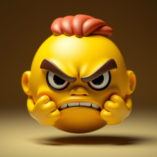 Create a 3D render of an angry yellow emoji with furrowed brows and clenched fists, using a Canon EOS R5 with a 50mm f/1.8 lens, set at ISO 100, aperture f/2.8, and a focus on vibrant colors and sharp details.