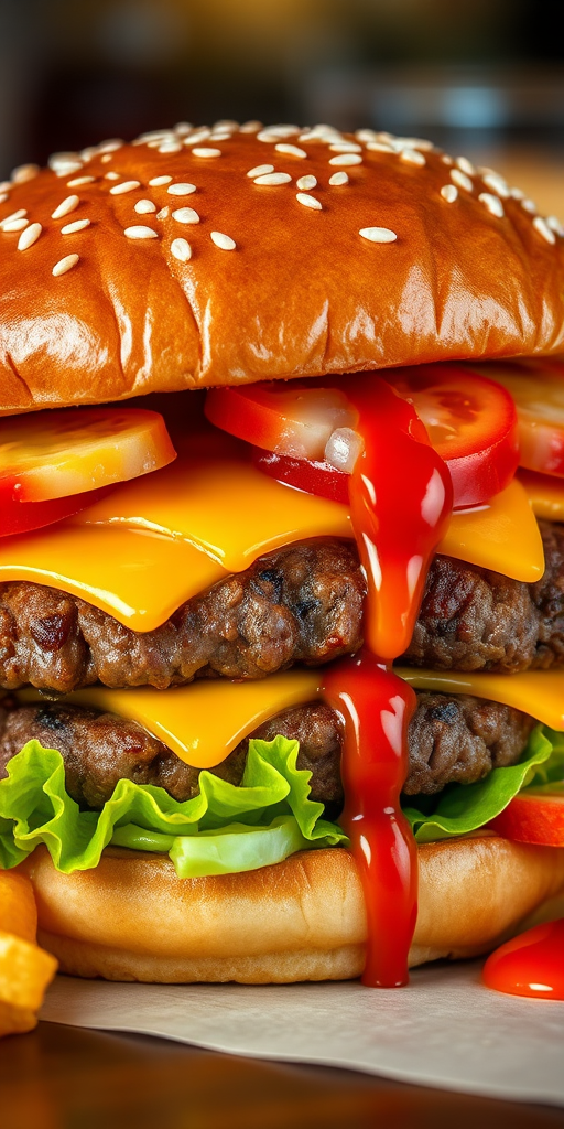 High-resolution, close-up image of a gourmet double cheeseburger. The burger features a glossy, sesame-seed-topped brioche bun. Inside, there are two thick, juicy beef patties, each topped with melted cheddar cheese. The burger is garnished with fresh lettuce, tomato slices, diced onions, and pickles. A generous amount of ketchup and a creamy, orange-colored sauce is dripping down the sides, adding to the mouth-watering appeal. In the background, there are blurred elements including a side of golden French fries and a hint of a beverage, enhancing the overall presentation of a delicious meal.