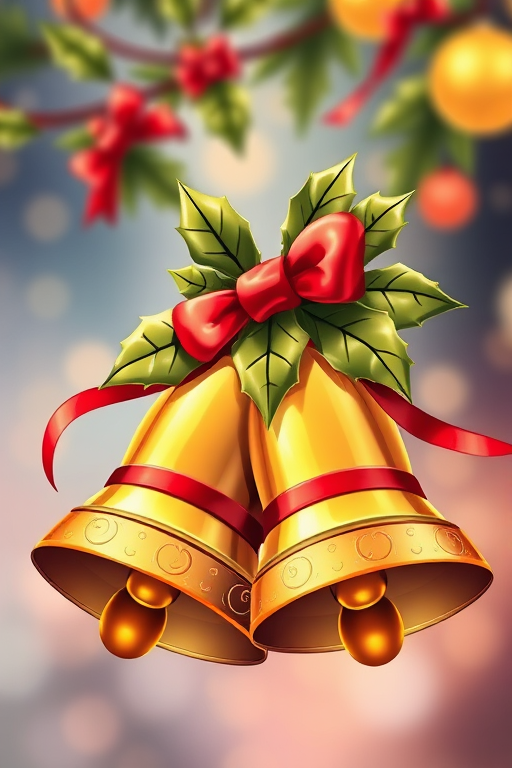 Create a vibrant, high-resolution illustration of two gold bells adorned with red ribbons and holly leaves, focus on bright colors and festive details, shot with a Canon EOS R5 at f/2.8, ISO 100, 50mm lens, in a soft-focus style to enhance depth and warmth.