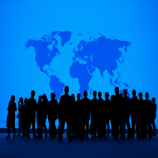 Generate an image of a diverse group of people silhouetted against a world map, using a Canon EOS R5 with a 24-70mm f/2.8 lens, aperture set to f/8, ISO 100, and a wide-angle perspective to capture depth and clarity in vibrant blue tones.