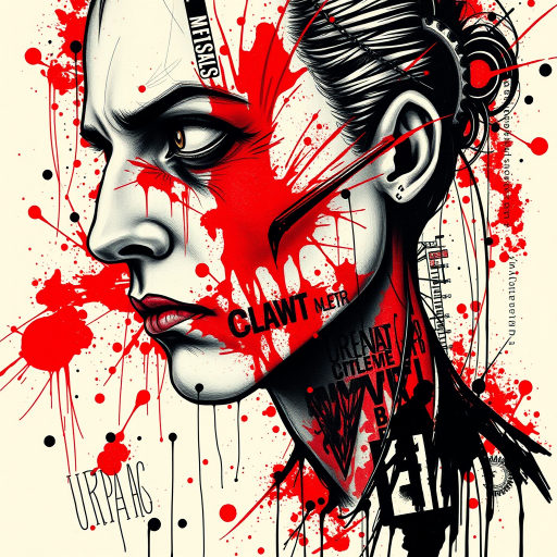 Avant-garde trash polka tattoo called "Urban Chaos" combining realistic portraits with abstract splashes of red and black ink, incorporating text elements and graphic design motifs