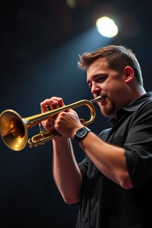 Create a high-resolution image of a male trumpet player passionately performing on stage, using a Canon EOS 5D Mark IV, f/2.8 aperture, 1/125 sec shutter speed, ISO 800, soft spotlight highlighting the musician, shallow depth of field with a dark background to enhance focus on the trumpet and expression.