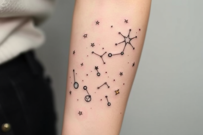 Delicate fine line body tattoo of constellation patterns and celestial bodies scattered across the forearm, created with thin black lines and subtle white ink highlights
