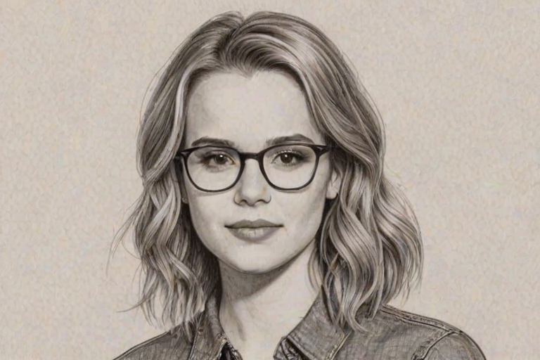 Pleasing Bridgit Mendler, pencil sketch, portrait of Appealing woman 1978s in glasses, hair style beatnik, outline, clear lines, fine lines, 8k