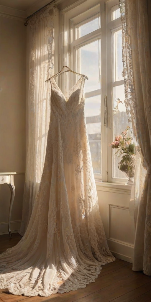Softly lit, high-resolution image of a bridal dress hanging in a sunlit room, lace detailing on the train catching the light, flowers arranged on a small table nearby, an open window with sheer curtains billowing in the breeze, a mirror reflecting the scene from the opposite wall.