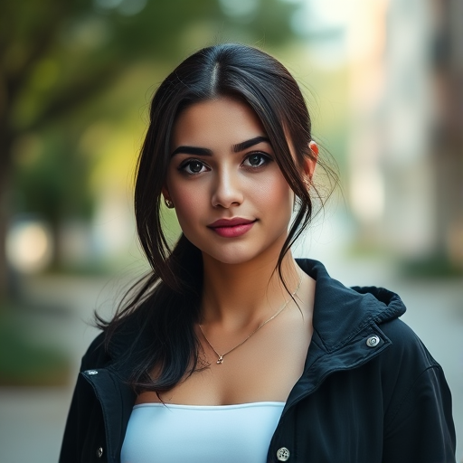 portrait of a young woman with dark hair and a confident expression wearing a white crop top and black jacket, soft natural lighting, shallow depth of field, camera settings: ISO 100, aperture f/2.8, shutter speed 1/200, camera view: eye level, camera style: modern portrait photography, camera type: DSLR