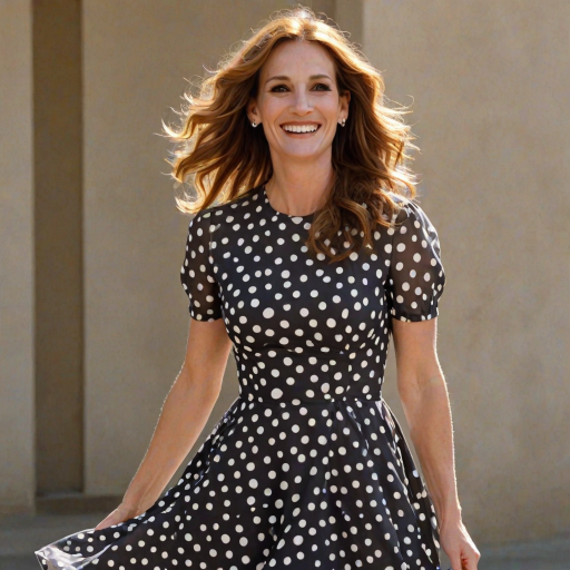 Radiant depiction of Julia Roberts, Pretty Woman's charming lead, with her megawatt smile and flowing chestnut hair, twirling in a polka dot dress