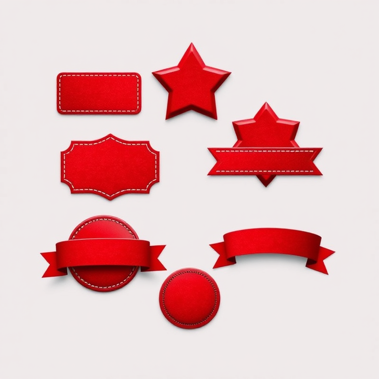 Create a high-resolution image of six distinct red labels in various shapes like rectangular, star, circular, and banner, featuring glossy effects and a subtle shadow, captured using a DSLR camera with a 50mm lens at f/2.8, ISO 100, and a soft focus background.