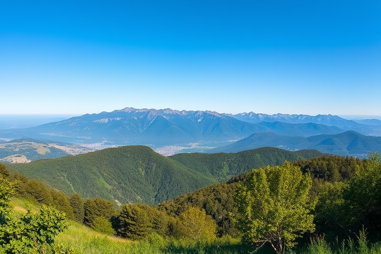Generate a high-quality image of a serene landscape with mountains in the background, a clear blue sky, and lush green foreground using a DSLR camera, 50mm lens, f/8 aperture, ISO 100, and a panoramic view to enhance depth and detail.