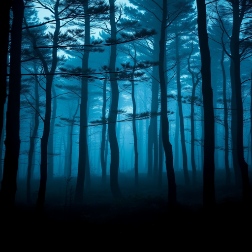 Create a tranquil forest landscape with layers of silhouettes in cool blue tones, captured with a Nikon D850 at f/8 aperture, ISO 100, 50mm lens, using a soft focus style to enhance image depth and quality.