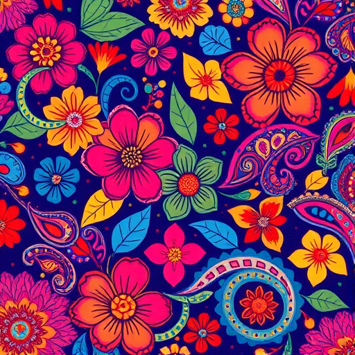 vibrant floral pattern with colorful flowers and paisley designs, high resolution, macro lens, f/2.8 aperture, 50mm focal length, natural light, digital camera