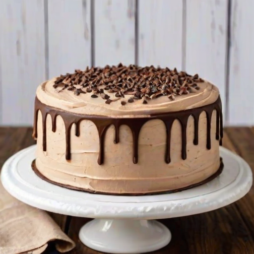 Create a photo of a round cake with a smooth beige frosting. The top is decorated with swirls of frosting and small chocolate sprinkles. The base of the cake has a ring of chocolate sprinkles. The cake is displayed on a white cake stand with a rustic wooden background.