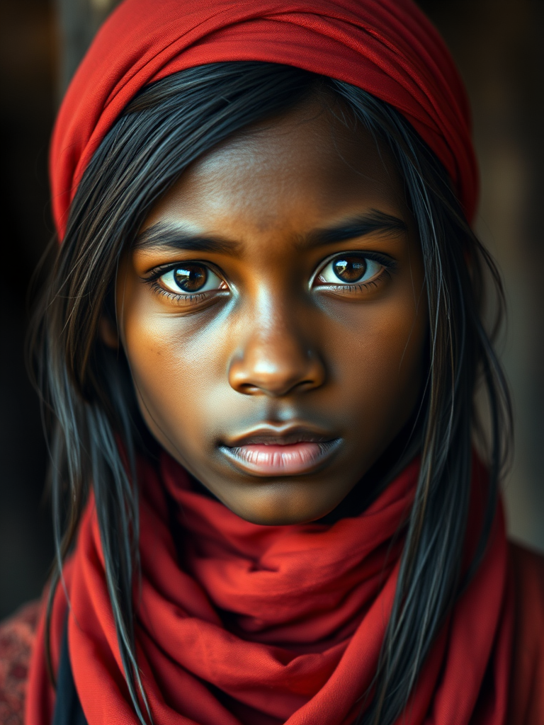 Create a portrait of a young Melanesian male with long, dark hair and captivating hazel eyes. She is wearing a red headscarf and a matching scarf draped gracefully around her neck. The background is softly blurred, focusing attention on her serene and natural expression. The overall color palette is muted and warm, enhancing the intimate and authentic feel of the portrait.