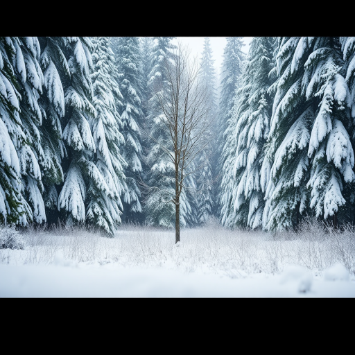 A snowy forest scene with tall evergreens heavily laden with snow, a solitary bare tree in the center, soft focus background, camera settings: ISO 400, f/5.6, shutter speed 1/200s, camera view: eye level, camera style: landscape, camera type: DSLR