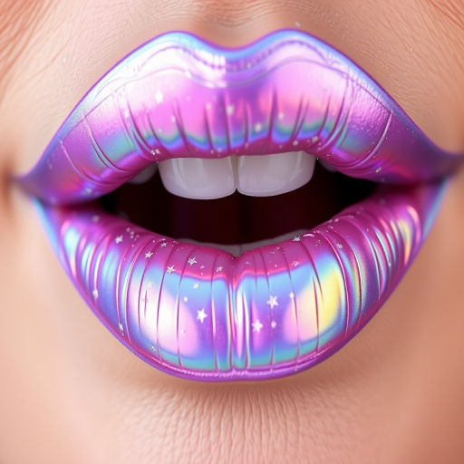 Iridescent holographic lips in "Unicorn Dreams" style, shifting colors from lavender to aqua with every movement, adorned with tiny star-shaped glitter for a magical effect
