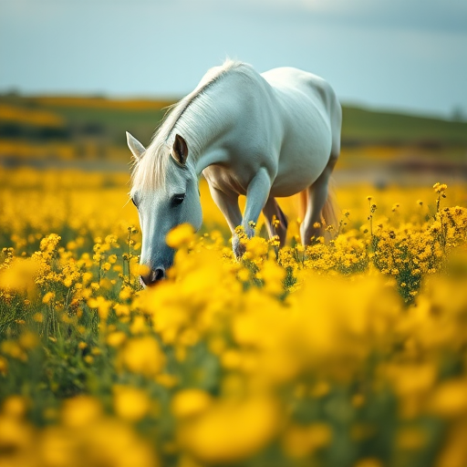 regenerate an image of a white horse grazing in a vibrant field of yellow wildflowers with a shallow depth of field, focal length 50mm, aperture f/2.8, ISO 200, natural lighting, taken with a DSLR camera from a low angle perspective