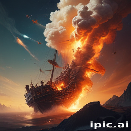 Epic Scene of a Ship Exploding Dramatically Amidst a Fiery Sky