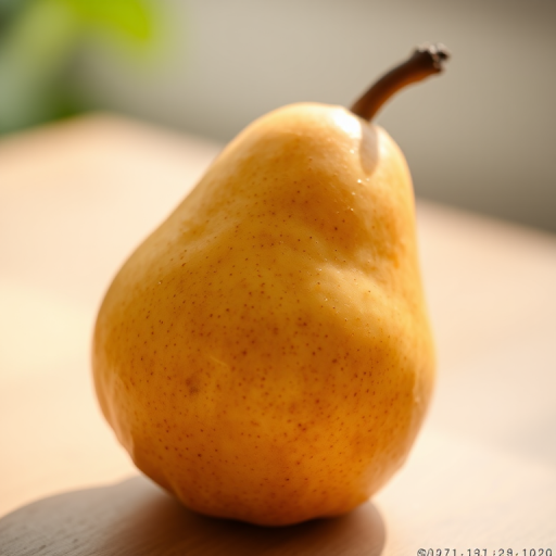 Generate a high-resolution image of a ripe pear with a smooth, shiny surface, captured in natural light, using a 50mm lens at f/2.8, ISO 100, and a soft focus background to emphasize the fruit's texture and color.