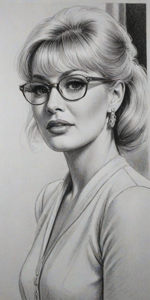 Ravishing Ivana Trump, pencil sketch, portrait of Comely woman 1920s in glasses, hair style beatnik, outline, clear lines, fine lines, 8k